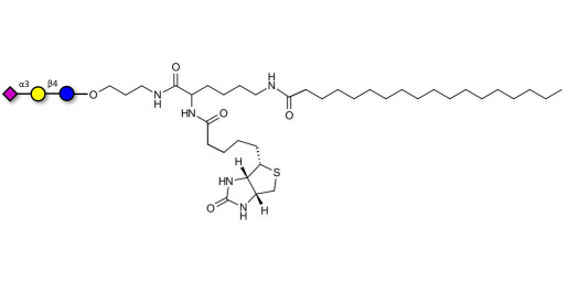 3'-Sialyllactose (3'-SL) / GM3 Ganglioside oligosaccharide linked to biotin and stearic chain (Linker-BT-STEA A) - 3'SL; N-Acetylneuraminoyllactose; (2, 3')-a-Sialyllactose; 3'-a-Sialyllactose; a-Neu5Ac-(2-3)-/3-D. Gal-(1-4)-D-Glc; 3'-N-Acetylneuraminyl-D-lactose