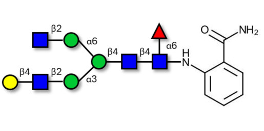 Asialo, monogalactosylated, fucosylated complex-type N-glycan 2AB-labeled  - FA1[3] ; G0F-N ; NA2G1F N-Glycan ; FA2[3]G1 ; FA2G1 glycan (G1F) ; NA2G1F N-Glycan ; Asialo, core fucosylated, bi-antennary N-linked glycan ;  G1F N-Glycan ; Asialo, monogalactosylated, core fucosylated bi-antennary N-linked glycan