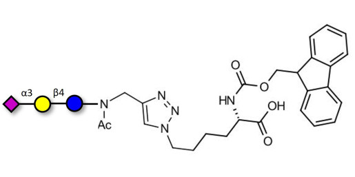 3'-Sialyllactose (3'-SL) / GM3 Ganglioside oligosaccharide linked to Fmoc-Lysine (Linker-Lys A) - 3'SL; N-Acetylneuraminoyllactose; (2, 3')-a-Sialyllactose; 3'-a-Sialyllactose; a-Neu5Ac-(2-3)-/3-D. Gal-(1-4)-D-Glc; 3'-N-Acetylneuraminyl-D-lactose